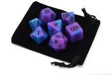 Load image into Gallery viewer, Purple and Blue dual colour glow in the dark dice set 7 piece with dice bag