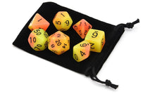 Load image into Gallery viewer, Yellow and Orange dual colour glow in the dark dice set 7 piece with dice bag