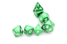 Load image into Gallery viewer, Emerald Chrome Metal Dice Set 7 piece horizontally Stacked