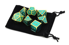 Load image into Gallery viewer, Emerald Green &amp; Gold Metal Dice Set 7 piece with Black Dice Bag