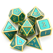 Load image into Gallery viewer, Emerald Green &amp; Gold Metal Dice Set 7 piece Front View