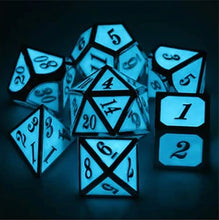 Load image into Gallery viewer, Enchanted Blue Metal Dice Set in the dark | 7 piece