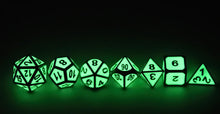 Load image into Gallery viewer, Enchanted Green Metal Dice Set  in the dark