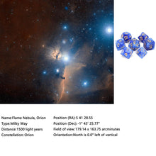 Load image into Gallery viewer, Description of Flame (Blue &amp; White) Nebula Polyhedral Dice Set 7 Piece