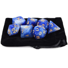 Load image into Gallery viewer, Flame (Blue &amp; White) Nebula Polyhedral Dice Set 7 Piece with a Black Dice Bag