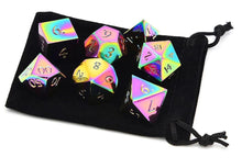 Load image into Gallery viewer, Flame Torched Rainbow Metal Dice Set 7 piece with black dice bag