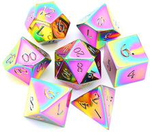 Load image into Gallery viewer, Flame Torched Rainbow Metal Dice Set 7 piece Front View