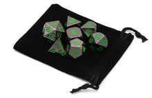 Load image into Gallery viewer, Onyx Chrome Metal Set with Forest Green Font 7 piece with black dice bag