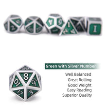 Load image into Gallery viewer, Description of Forest Green &amp; Silver Enamel Metal Dice Set 7 piece