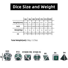 Load image into Gallery viewer, Size chart for Forest Green &amp; Silver Enamel Metal Dice Set 7 piece