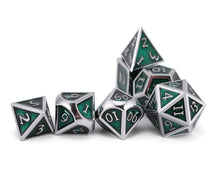 Load image into Gallery viewer, Forest Green &amp; Silver Enamel Metal Dice Set 7 piece horizontally stacked