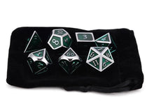 Load image into Gallery viewer, Forest Green &amp; Silver Enamel Metal Dice Set 7 piece with black dice bag