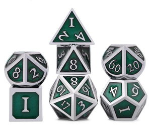 Forest Green & Silver Enamel Metal Dice Set 7 piece front view