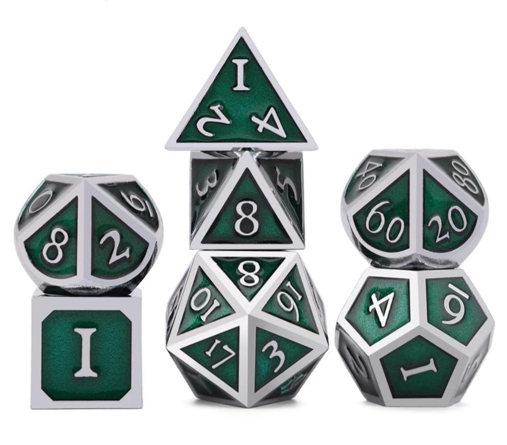 Forest Green & Silver Enamel Metal Dice Set 7 piece front view