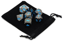 Load image into Gallery viewer, Onyx Chrome Metal Dice set with Frost Blue Font 7 piece with black dice bag