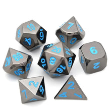 Load image into Gallery viewer, Onyx Chrome Metal Dice set with Frost Blue Font 7 piece Front View