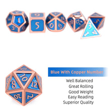 Load image into Gallery viewer, Description of Frost Blue &amp; Bronze Enamel Metal Dice Set 7 piece