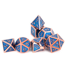 Load image into Gallery viewer, Frost Blue &amp; Bronze Enamel Metal Dice Set 7 piece horizontally stacked