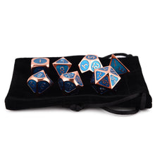 Load image into Gallery viewer, Frost Blue &amp; Bronze Enamel Metal Dice Set 7 piece with Black Dice Bag