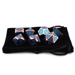 Frost Blue & Bronze Enamel Metal Dice Set 7 piece with Black Dice Bag