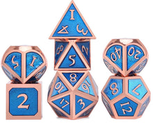 Load image into Gallery viewer, Frost Blue &amp; Bronze Enamel Metal Dice Set 7 piece front view