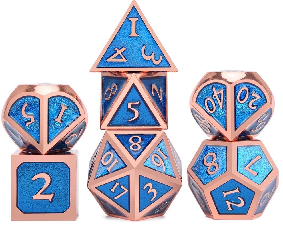 Frost Blue & Bronze Enamel Metal Dice Set 7 piece front view