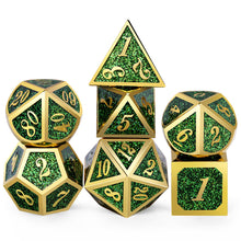 Load image into Gallery viewer, Forest Pixie Glittery Green and Gold Metal Dice Set