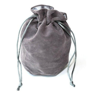 Gray Drawstring Dice Bag filled with dice inside