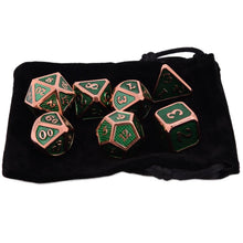 Load image into Gallery viewer, Green Dragon Scale Metal Dice Set 7 piece with black dice bag