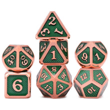 Load image into Gallery viewer, Green Dragon Scale Metal Dice Set 7 piece front view