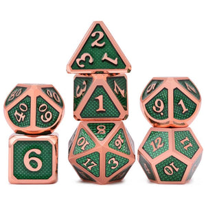 Green Dragon Scale Metal Dice Set 7 piece front view