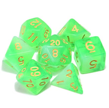 Load image into Gallery viewer, Green White Dual Colour Translucent Dice Set with yellow font