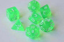 Load image into Gallery viewer, Green Single Colour Translucent Dice Set with White Font