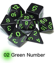 Load image into Gallery viewer, Black Opaque Dice Set with Green Font