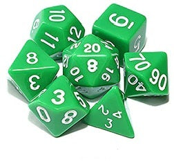 Green opaque dice set with white font