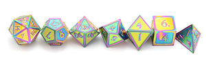 Holographic Rainbow Metal Dice Set 7 piece horizontally placed