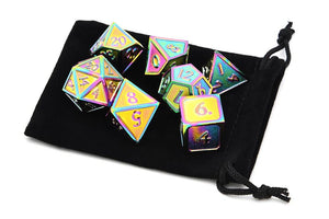 Holographic Rainbow Metal Dice Set 7 piece with Black Dice Bag