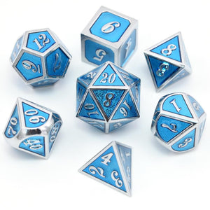 Icy Blue & Silver Enamel Metal Dice Set 7 piece front view