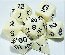 Load image into Gallery viewer, Ivory opaque dice set with Black font