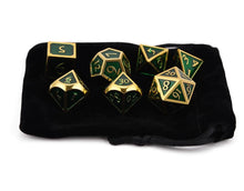 Load image into Gallery viewer, Leprechaun&#39;s Gold: Green and gold Metal Dice Set 7 piece with Black Dice Bag