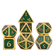 Load image into Gallery viewer, Leprechaun&#39;s Gold: Green and gold Metal Dice Set 7 piece Front View