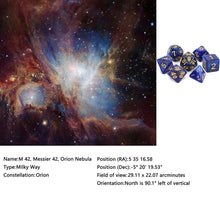 Load image into Gallery viewer, Description of M42 (Blue &amp; Black) Nebula Polyhedral Dice Set 7 Piece