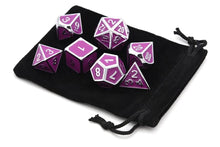 Load image into Gallery viewer, Magenta and Silver Enamel Metal Dice Set with black dice bag