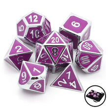 Load image into Gallery viewer, Magenta and Silver Enamel Metal Dice Set 7 piece