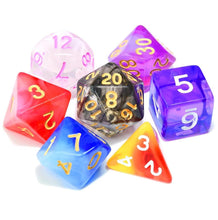 Load image into Gallery viewer, Multi Colour Translucent Dice Set with multi-colour font