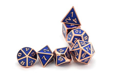 Load image into Gallery viewer, Navy Blue &amp; Bronze Enamel Metal Dice Set 7 Piece horizontally stacked 