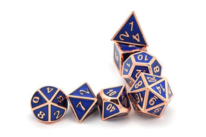 Navy Blue & Bronze Enamel Metal Dice Set 7 Piece horizontally stacked 