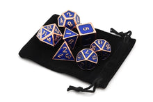 Load image into Gallery viewer, Navy Blue &amp; Bronze Enamel Metal Dice Set 7 Piece with black dice bag