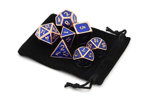 Navy Blue & Bronze Enamel Metal Dice Set 7 Piece with black dice bag