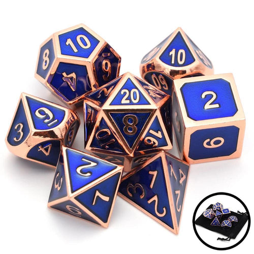 Navy Blue & Bronze Enamel Metal Dice Set 7 Piece front view